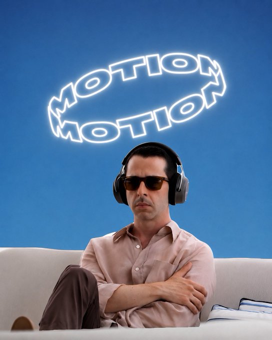 A man in sunglasses and headphones sits confidently on a couch beneath a glowing neon "MOTION" sign, embodying the post's message of moving with conviction like Pixto rather than waiting for others to lead.