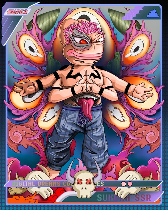 A trading card featuring an anime-style character with pink hair, multiple eyes, and tentacle-like appendages, marked as 'SUPER' and 'DIGITAL DREAMS COR...ES' with 'SUK...-SSR' rarity.