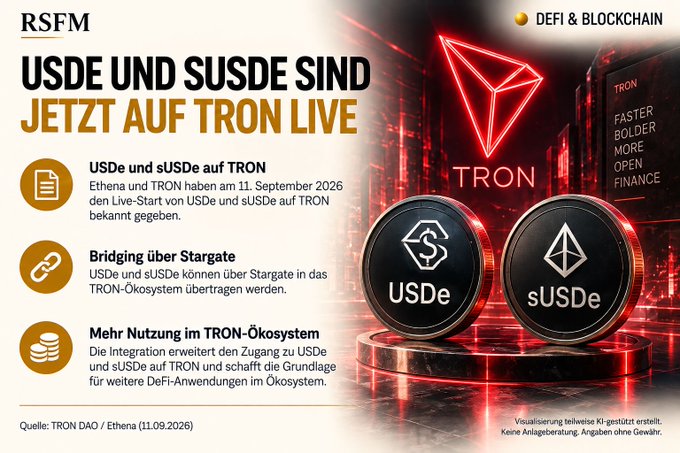 A German-language financial infographic from RSFM announcing 'USDE UND SUSDE SIND JETZT AUF TRON LIVE', detailing the launch of Ethena's USDe and sUSDe stablecoins on the TRON blockchain.