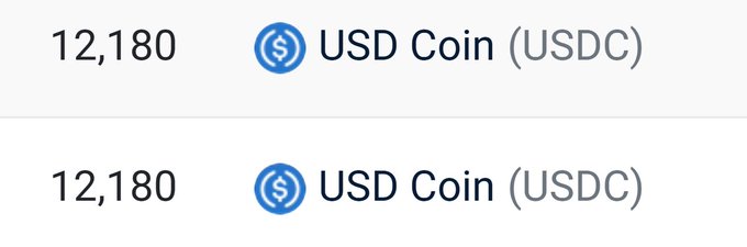 This image shows two entries of 12,180 USD Coin (USDC), representing the funds exchanged in the 500-point transaction closed by Variational Points OTC at $24 per point.