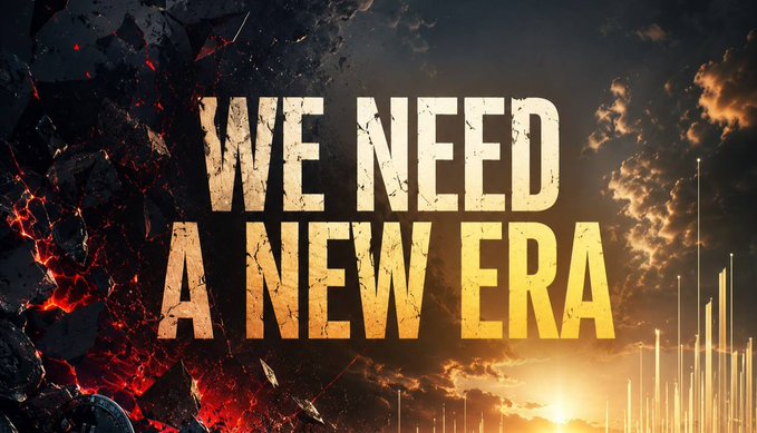 Bold text reading "WE NEED A NEW ERA" is displayed against a dramatic background of shattered rocks, fiery cracks, and golden light, visually echoing the post's call for a transformative shift in the crypto market beyond memecoin hype.