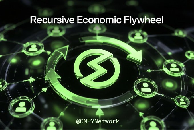 The image features a green logo, which appears to represent an economic concept or product named "Recursive Economic Flywheel." The phrase "Focus on what is in the image and how it relates to the post" suggests that this concept might be related to the current discussion of the post about the CNPY Network's recursive economic flywheel. The network claims that its innovative mechanism, powered by restaking, creates compounding value over time through the reclamation of one validator's stake.