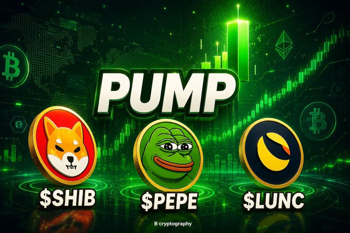 The image features a bold "PUMP" graphic with rising green candlestick charts, highlighting three popular meme coins—$SHIB (Shiba Inu logo), $PEPE (the Pepe the Frog mascot), and $LUNC (a black and gold coin)—set against a digital crypto-themed background, visually reinforcing the post's message that these well-known coins with strong communities are not to be overlooked.