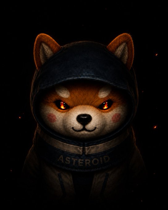 A digital illustration of a fierce Shiba Inu dog wearing a dark hooded outfit with 'ASTEROID' written on the collar, set against a black background with floating embers.