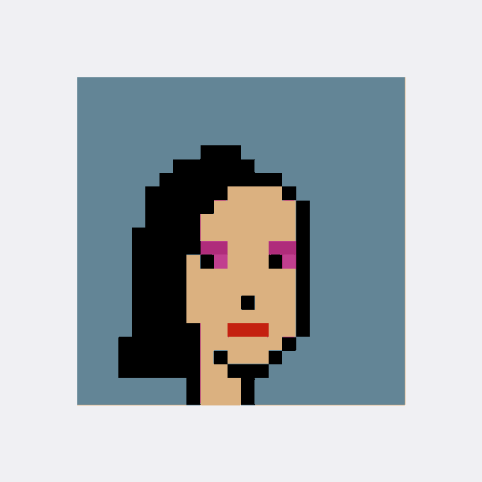 A pixel art portrait of a woman with long black hair, pink eyeshadow, and red lips against a blue background.