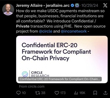 The image features a Twitter post by Jeremy Allaire, who has retweeted a link to an article about ConfidentialERC-20 Framework for Compliant On-chain Privacy. The post includes a caption that reads "It reaffirms my statement Circle is a bad actor for the industry." This caption highlights the connection between the post and the article it references.