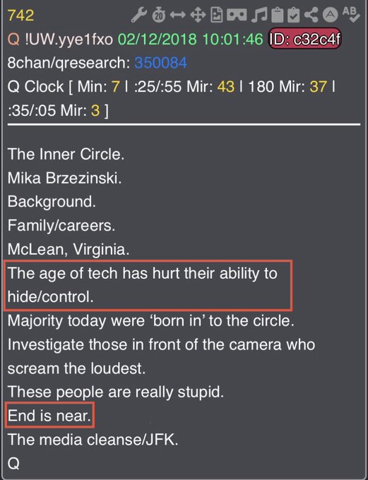 A screenshot of a QAnon post from December 2, 2018, on the 8chan /qresearch/ board, referencing Mika Brzezinski and "The Inner Circle." The post contains a list of statements, with two key phrases highlighted in red boxes: "The age of tech has hurl their ability to hide/control" and "End is near," which corresponds to the caption's emphasis on the "End is near" message associated with the 7:42 timestamp.
