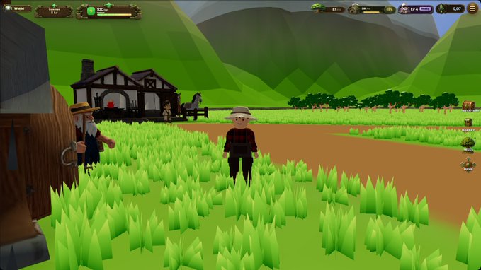 A screenshot from a farming game shows a character standing in a bright green field near another figure, a farmhouse, windmills, and distant mountains.