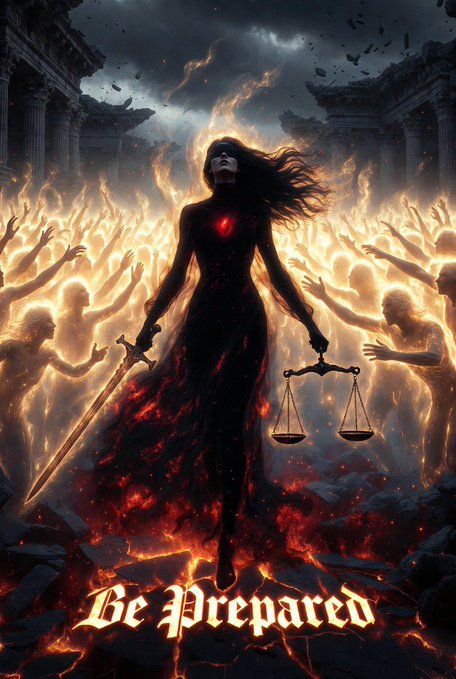 The image features a woman with long hair, dressed in black clothing, holding a sword and scales while standing in front of a group of people who are also wearing black clothing. The background shows a scene of fire and smoke, which adds to the dramatic atmosphere of the artwork. The caption "Be prepared" is written at the bottom of the image, suggesting that the woman should be ready for whatever challenges lie ahead.
