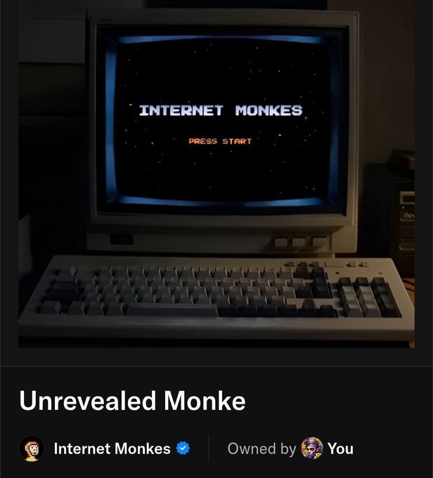 A retro CRT monitor displays "INTERNET MONKES" with "PRESS START" below it, alongside a vintage keyboard. The image serves as a stylized showcase for the NFT collection "Unrevealed Monke" by Internet Monkes, tying into the post's excitement about buying a Fomo monkey NFT from Robinhood with a ~$73 floor price.