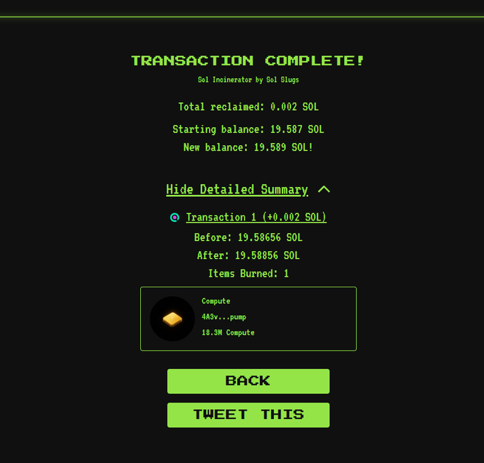 A black screen displays a transaction summary, including details of the transaction and a list of items burned or completed.