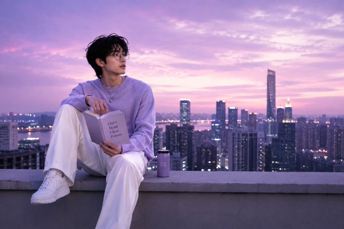 A young man with glasses sitting on a rooftop ledge holding an open book titled 'Open Mind Clear Future', overlooking a city skyline at sunset with purple and pink skies.