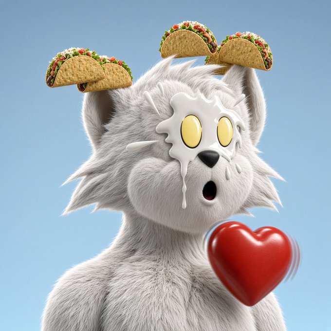 A fluffy white cat-like creature with a surprised expression has tacos balanced on its ears, a fried egg splattered over one eye, and a glossy red heart floating in front of it against a light blue background.