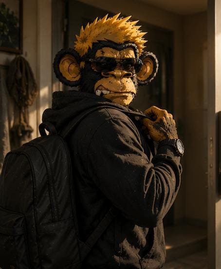 A person wearing a furry monkey mask with spiky yellow hair, dark sunglasses, and a black hoodie with a backpack looks over their shoulder in a dimly lit hallway.
