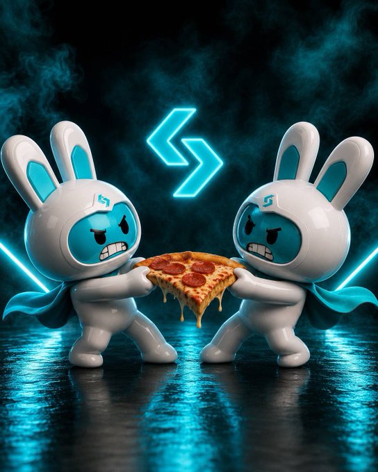 Two blue and white cartoon rabbit mascots angrily pull on opposite ends of a single slice of pepperoni pizza, with neon arrow graphics in the background.