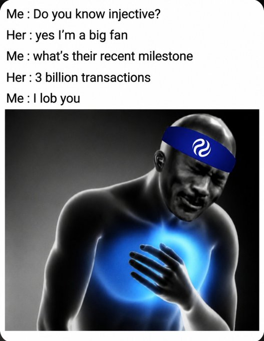 A meme showing a man with a glowing blue heart and the Injective logo on his forehead, with text joking about 'I lob you' in response to Injective reaching 3 billion transactions.