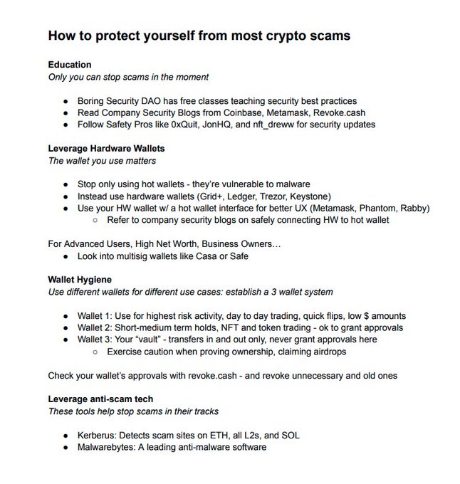 The image is a security guide titled "How to protect yourself from most crypto scams" that outlines safety measures including education resources, hardware wallet usage, a 3-wallet system for different activities, and anti-scam tools like Kerberus and Malwarebytes. The guide's emphasis on personal responsibility and practical protection tools reinforces the "Stay safu friends" message, serving as a comprehensive checklist for crypto users to safeguard their assets.