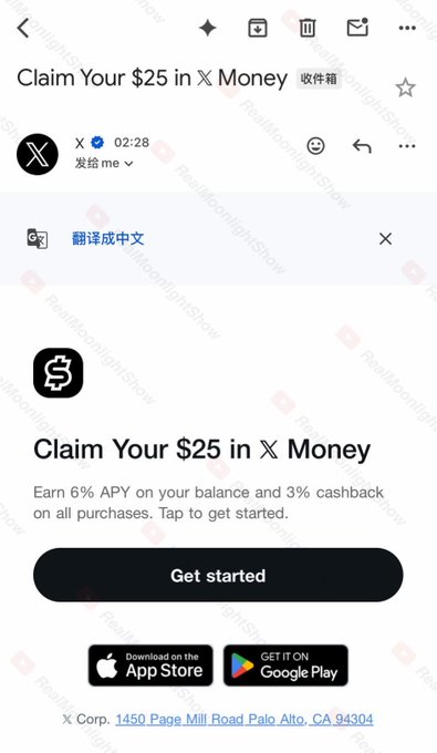 A screenshot of an X (Twitter) message from "X" at 02:28 promoting "Claim Your $25 in X Money," offering 6% APY and 3% cashback with a "Get started" button, App Store and Google Play links, and the address "X Corp. 1450 Page Mill Road, Palo Alto, CA 94304." This matches the post's mention of a $25 X Money reward invitation requiring users to check their email to claim it.