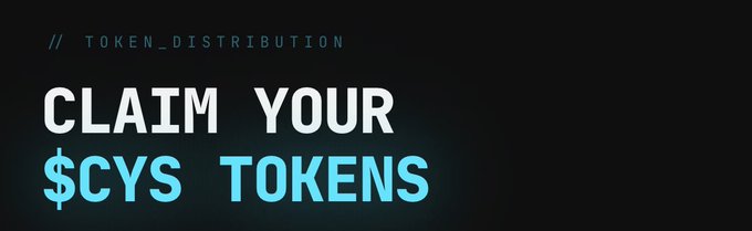 The image features a banner with white text that reads "claim your $CYS tokens". The banner also includes an image of a $CYS token, which is blue and green in color. The background of the banner is black, providing contrast for the text and making it stand out.