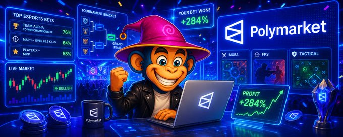 A vibrant promotional graphic for 'Polymarket' featuring a cartoon monkey character in a wizard hat and leather jacket sitting at a laptop, with displays showing 'YOUR BET WON! +284%', 'TOP ESPORTS BETS' (Team Alpha, Map 1, Player X), 'TOURNAMENT BRACKET', and 'PROFIT +284%'.