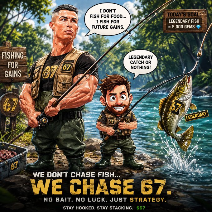 A humorous motivational-style poster parody showing two cartoon men fishing, repeatedly branded with '67', featuring text like 'WE DON'T CHASE FISH... WE CHASE 67' and 'NO BAIT. NO LUCK. JUST STRATEGY.'