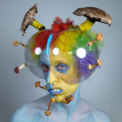 A surreal portrait photograph of a person with colorful rainbow clown makeup and wig, wearing a clear plastic headpiece adorned with various small mushrooms sticking out of it.