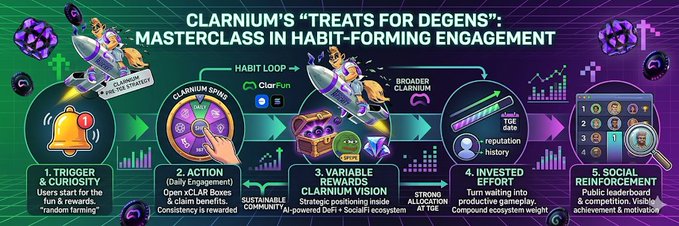 The text below an illustration of a rocket ship reads "What truly impresses me about @clarnium_io is their intelligent approach to building a real user base before TGE focusing on habit-forming engagement rather than just flashy airdrop hype".