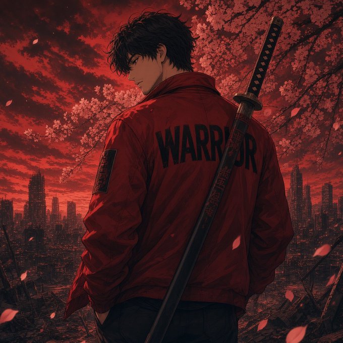 An anime-style illustration of a young man with dark hair wearing a red jacket labeled 'WARRIOR,' carrying a katana against a red sky with cherry blossoms and a ruined cityscape.