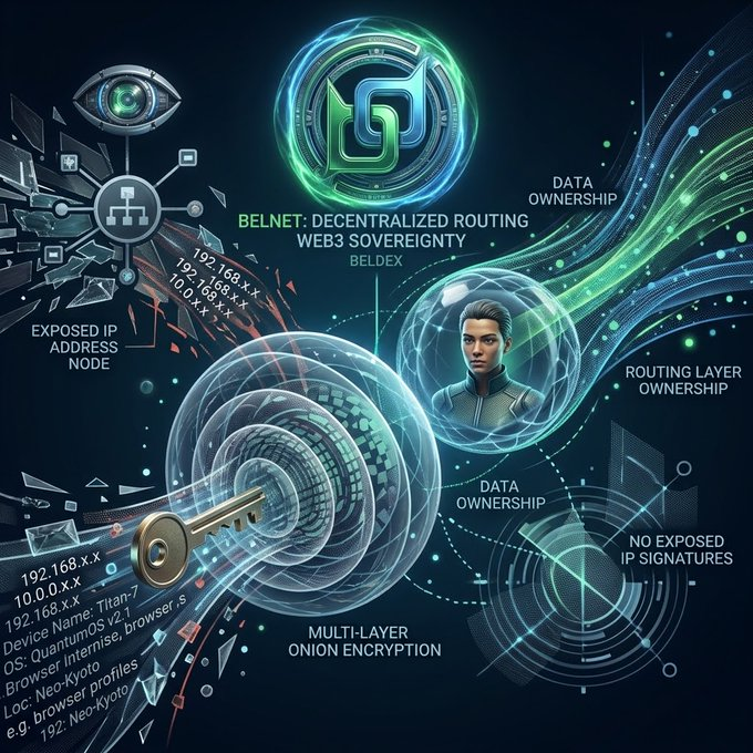 A digital infographic about 'BELNET: DECENTRALIZED ROUTING WEB3 SOVEREIGNTY' featuring a central key/lock graphic, a holographic figure, and labels for features like 'DATA OWNERSHIP', 'ROUTING LAYER OWNERSHIP', 'EXPOSED IP ADDRESS NODE', 'MULTI-LAYER ONION ENCRYPTION', and 'NO EXPOSED IP SIGNATURES'.