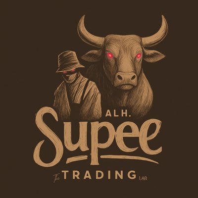 Logo design for 'ALH. Supee TRADING LAB' featuring a stylized bull with red glowing eyes and a hooded figure, rendered in sepia/brown tones on a dark background.