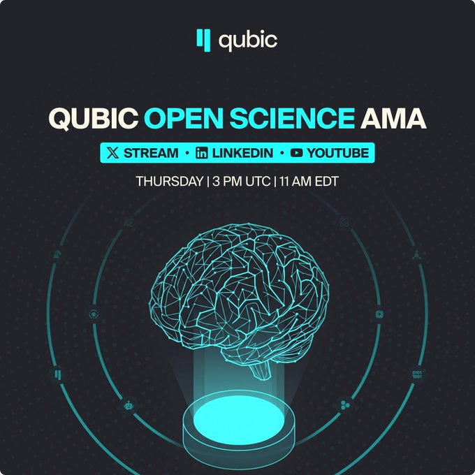 A promotional graphic for the "QUBIC OPEN SCIENCE AMA" featuring the Qubic logo, a stylized blue brain hologram, and event details for a Thursday livestream at 3 PM UTC / 11 AM EDT on X Stream, LinkedIn, and YouTube—matching the post's reminder about the upcoming AMA session.