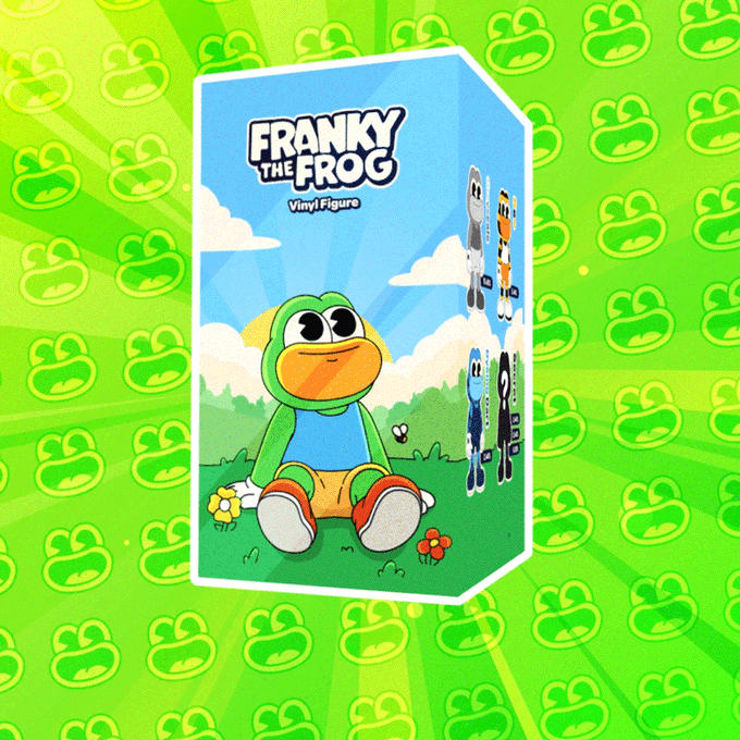 A vinyl figure package titled 'FRANKY THE FROG' featuring an illustrated green frog character in overalls sitting on grass, with a green frog-patterned background.