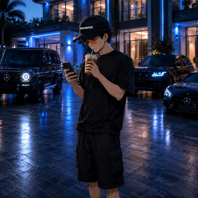 An anime-style illustration of a young man wearing a 'Sheepagotchi' cap and black outfit, drinking bubble tea while checking his phone in front of luxury Mercedes vehicles at night.