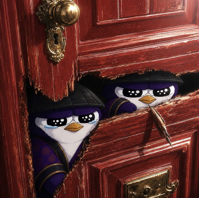 Digital illustration of two cartoon penguins wearing black ninja-style hoods peering through a jagged hole broken into a red wooden door, with one penguin looking sad with a tear.