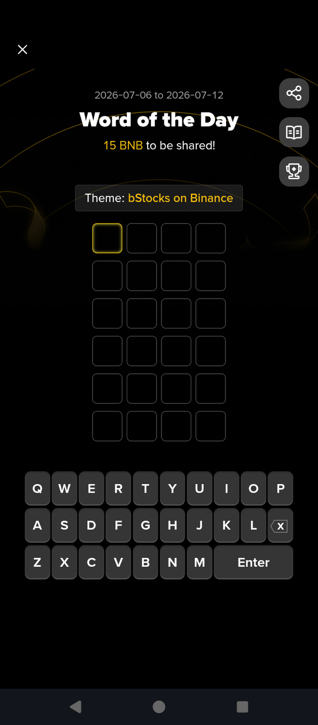 A mobile game screen titled 'Word of the Day' (2026-07-06 to 2026-07-12) offering '15 BNB to be shared!' with the theme 'bStocks on Binance' and an empty letter grid above a keyboard.