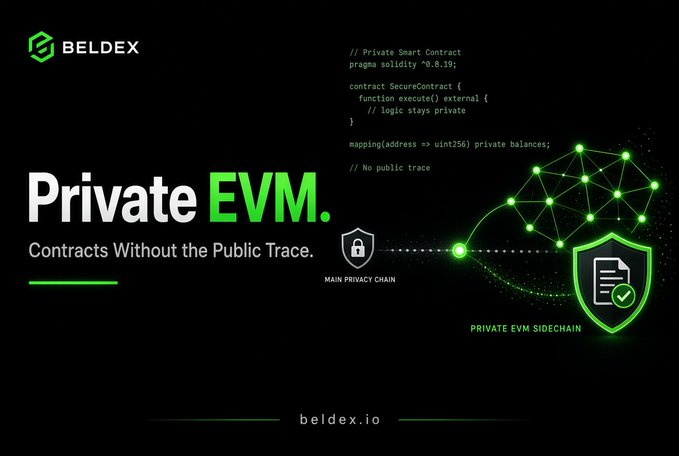 A Beldex cryptocurrency advertisement promoting 'Private EVM' with the tagline 'Contracts Without the Public Trace,' featuring Solidity smart contract code and a diagram showing the main privacy chain connecting to a private EVM sidechain.