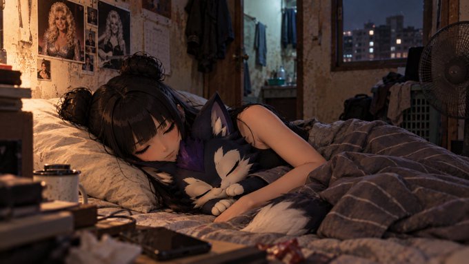 An anime-style illustration of a dark-haired girl sleeping in bed while hugging a plush wolf toy, with posters of women on the wall and a city view through the window in the background.