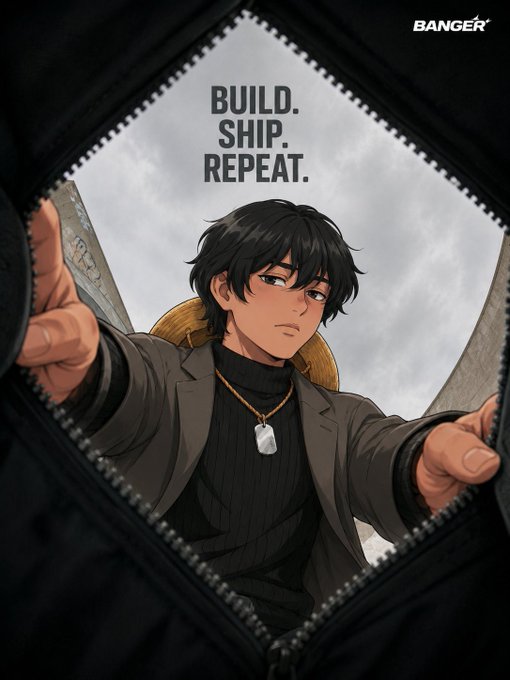 Anime-style illustration of a dark-haired man wearing a black turtleneck, brown jacket, and dog tag, pulling open a zipper to reveal himself, with the text 'BUILD. SHIP. REPEAT.' and 'BANGER' branding visible.