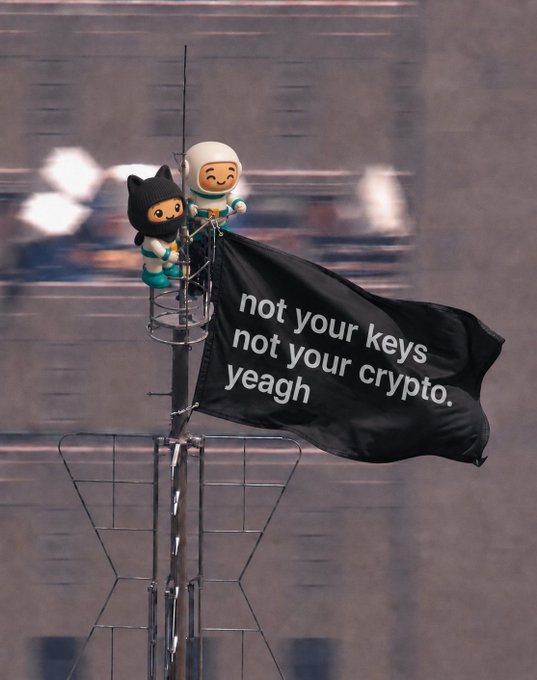 Two small figurines perch on a rooftop antenna next to a black flag that reads 'not your keys, not your crypto. yeah.'