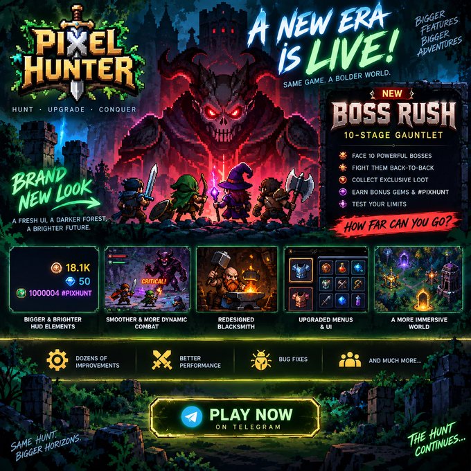 A promotional graphic for 'Pixel Hunter' game update featuring 'A NEW ERA IS LIVE!' and 'NEW BOSS RUSH' 10-Stage Gauntlet with a 'PLAY NOW ON TELEGRAM' button at the bottom.