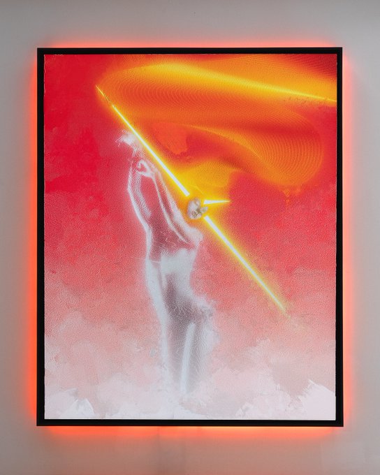 A framed digital artwork showing a female figure in red and yellow tones with a glowing neon light beam crossing the image, mounted on a wall.