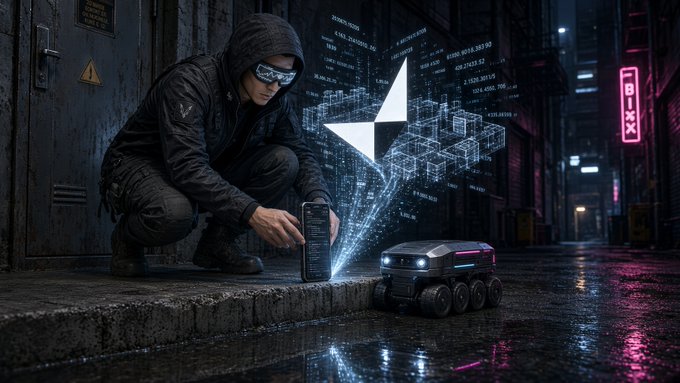 A hooded figure wearing smart glasses crouches in a dim, neon-lit alley, placing a smartphone on a concrete lip next to a small tracked robot, with a holographic Ethereum logo and floating financial data streams emanating from the device—visually echoing the post's description of a phone positioned at a precise alleyway approach tied to a $520 USDC bounty on Base via @vangrid_io.