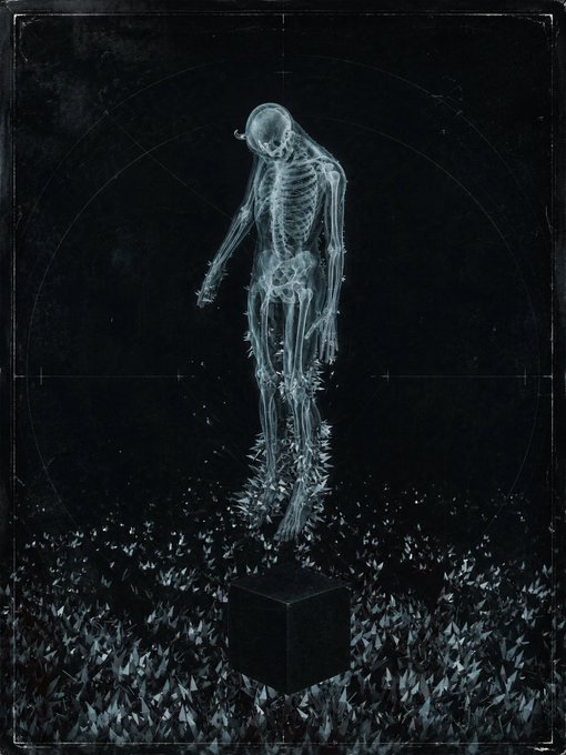 A dark, monochromatic digital artwork depicting a translucent, skeletal humanoid figure with spiked protrusions emerging from a field of crystals, standing behind a dark cube.