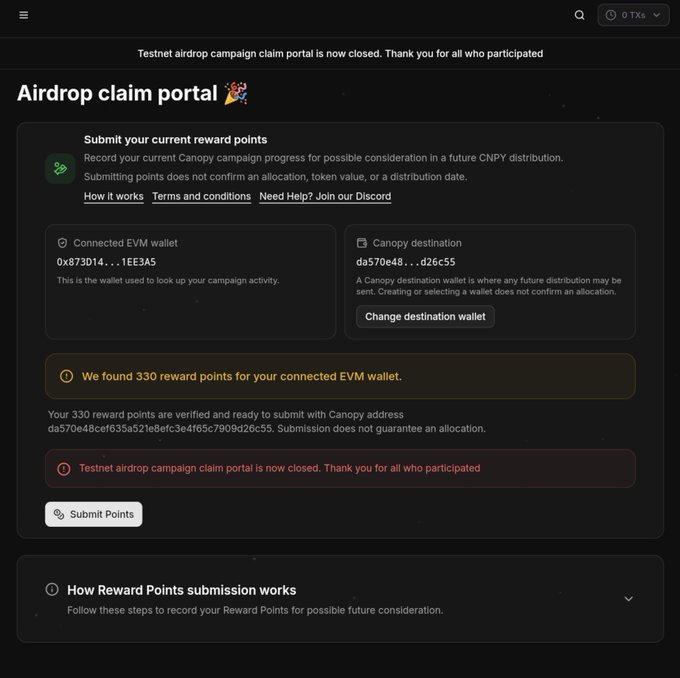 Airdrop claim portal screenshot showing a closed Testnet campaign, with 330 reward points verified for an EVM wallet, and a 'Submit Points' button disabled.