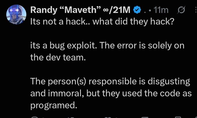 A screenshot of a social media post by Randy 'Maveth' ∞ / 21M stating 'Its not a hack.. what did they hack? its a bug exploit. The error is solely on the dev team.'