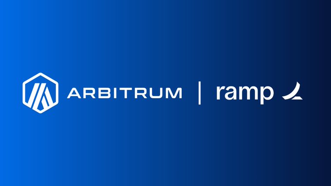 The image features the Arbitrum and Ramp logos side by side on a blue gradient background, visually representing their partnership. This branding aligns with the post's message about Ramp's payment volume settling on the Arbitrum network, highlighting the collaboration between the fintech platform and the Ethereum layer-2 scaling solution in enabling programmable, around-the-clock transactions.