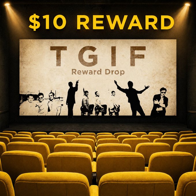A movie theater with yellow seats faces a large screen displaying silhouettes of figures with the text "$10 REWARD," "TGIF," and "Reward Drop," promoting a weekly contest where participants rename a Bollywood film with a crypto trader twist for a chance to win $10 USDT.