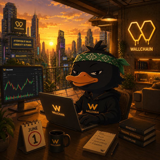The image features a cartoon duck sitting at a desk with a laptop computer open in front of him. The duck appears to be working or studying, surrounded by various books and other items typical of an office setting. The scene also includes a monitor displaying stock market data, suggesting that the duck might be involved in financial analysis or trading. The image is related to the post about Wallchain, as it highlights the importance of capturing attention over time rather than relying on short-term engagement.