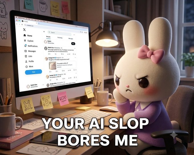 An AI-generated image showing a bunny character at a desk with a computer screen, featuring the text 'YOUR AI SLOP BORES ME'.