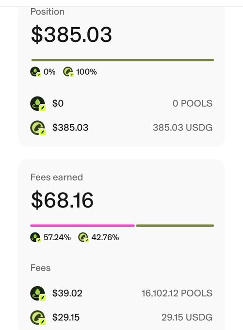 Cryptocurrency dashboard screenshot showing a Position of $385.03 USDG (100%) and Fees earned of $68.16, split between POOLS and USDG holdings.